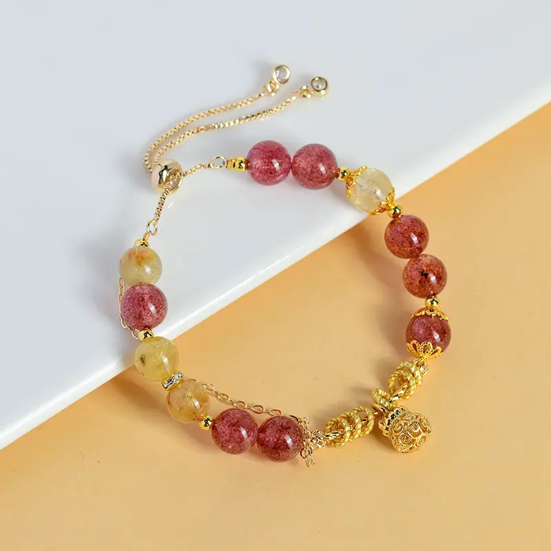 Leo Crystal Bracelet: Natural Strawberry & Rutilated Quartz for Vitality
