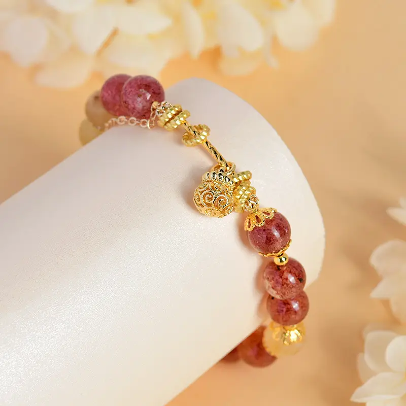 Leo Crystal Bracelet: Natural Strawberry & Rutilated Quartz for Vitality