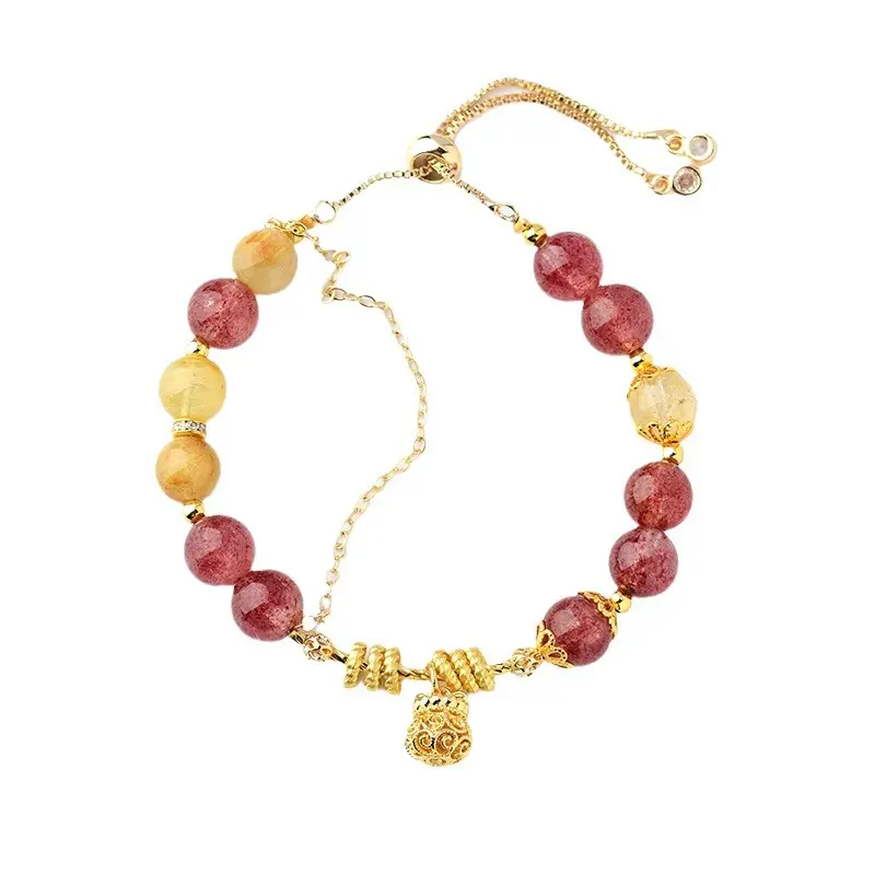 Leo Crystal Bracelet: Natural Strawberry & Rutilated Quartz for Vitality
