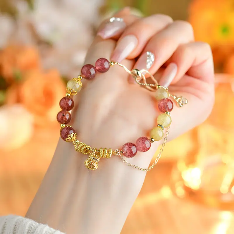 Leo Crystal Bracelet: Natural Strawberry & Rutilated Quartz for Vitality