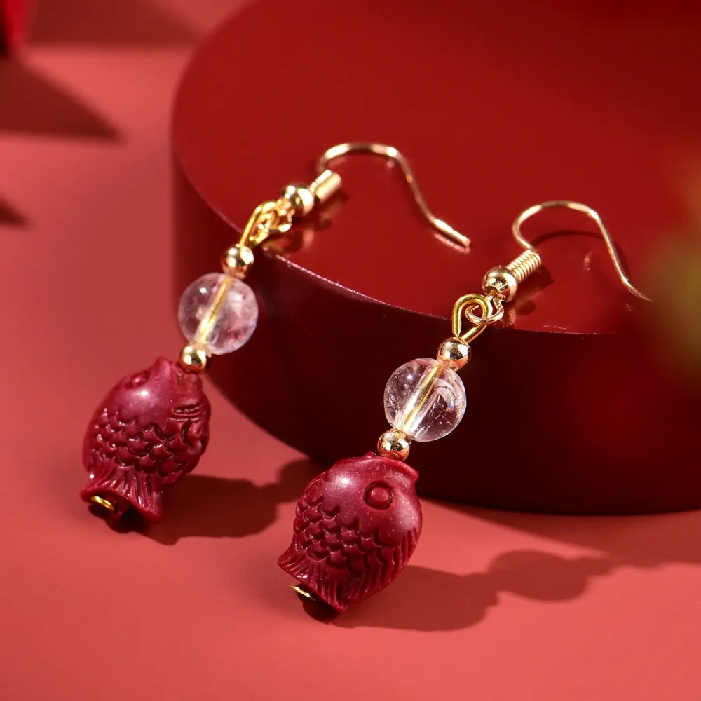 Red Cinnabar Fish Earrings: New Chinese Style Spiritual Protection & Luck