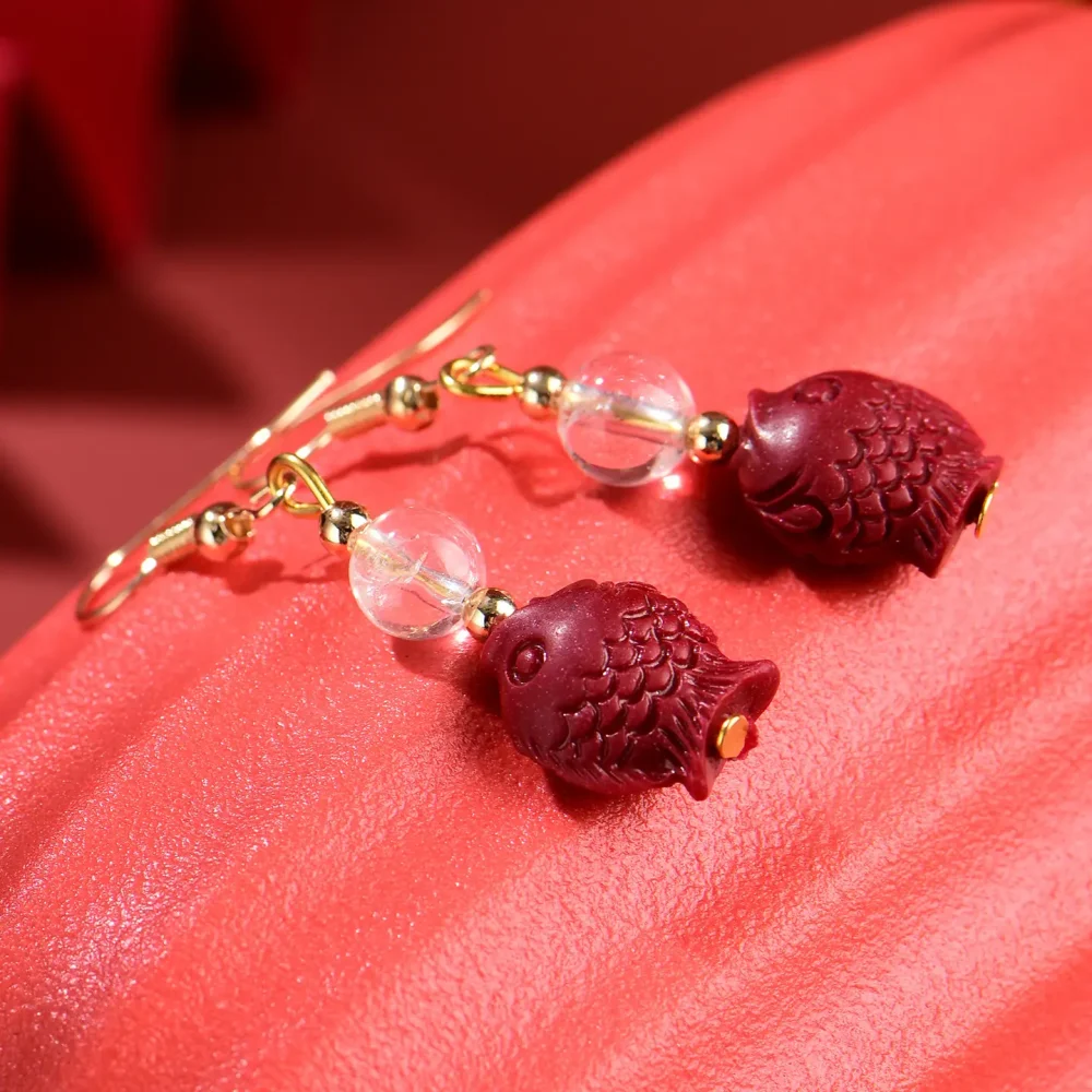 Red Cinnabar Fish Earrings: New Chinese Style Spiritual Protection & Luck
