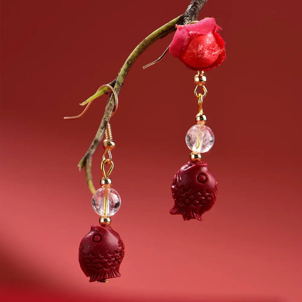 Red Cinnabar Fish Earrings: New Chinese Style Spiritual Protection & Luck