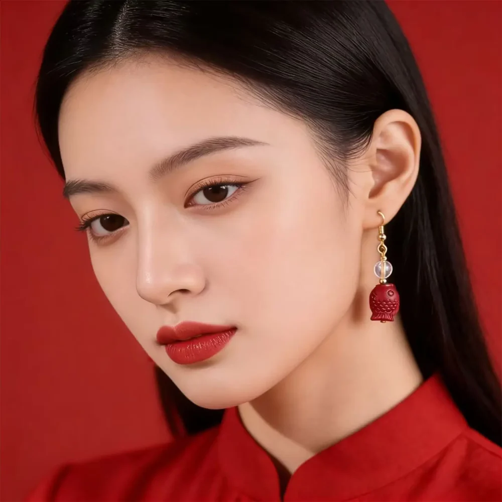 Red Cinnabar Fish Earrings: New Chinese Style Spiritual Protection & Luck