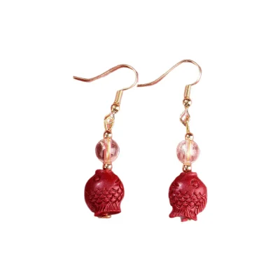 Red Cinnabar Fish Earrings: New Chinese Style Spiritual Protection & Luck
