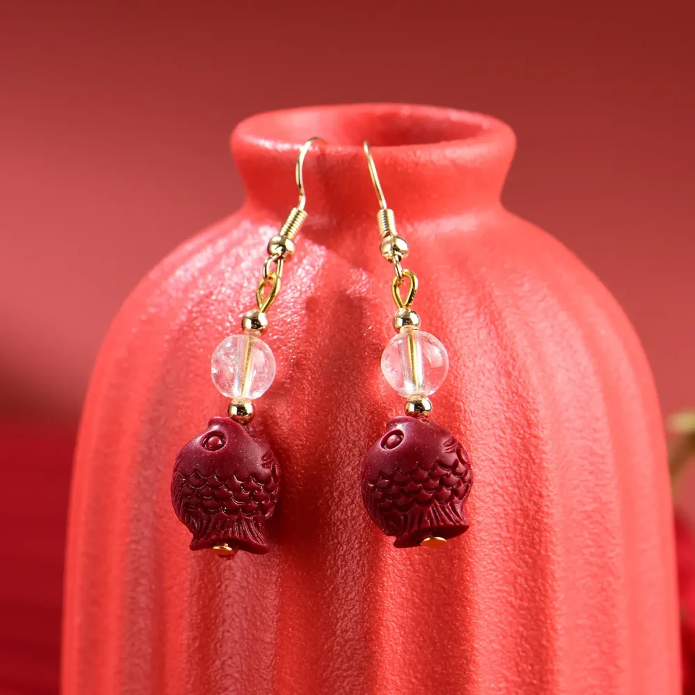 Red Cinnabar Fish Earrings: New Chinese Style Spiritual Protection & Luck