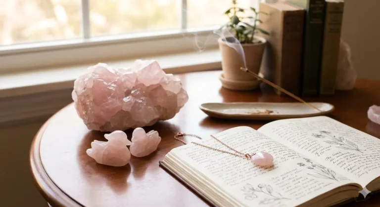 Rose quartz ritual with mandarin ducks in candlelight.