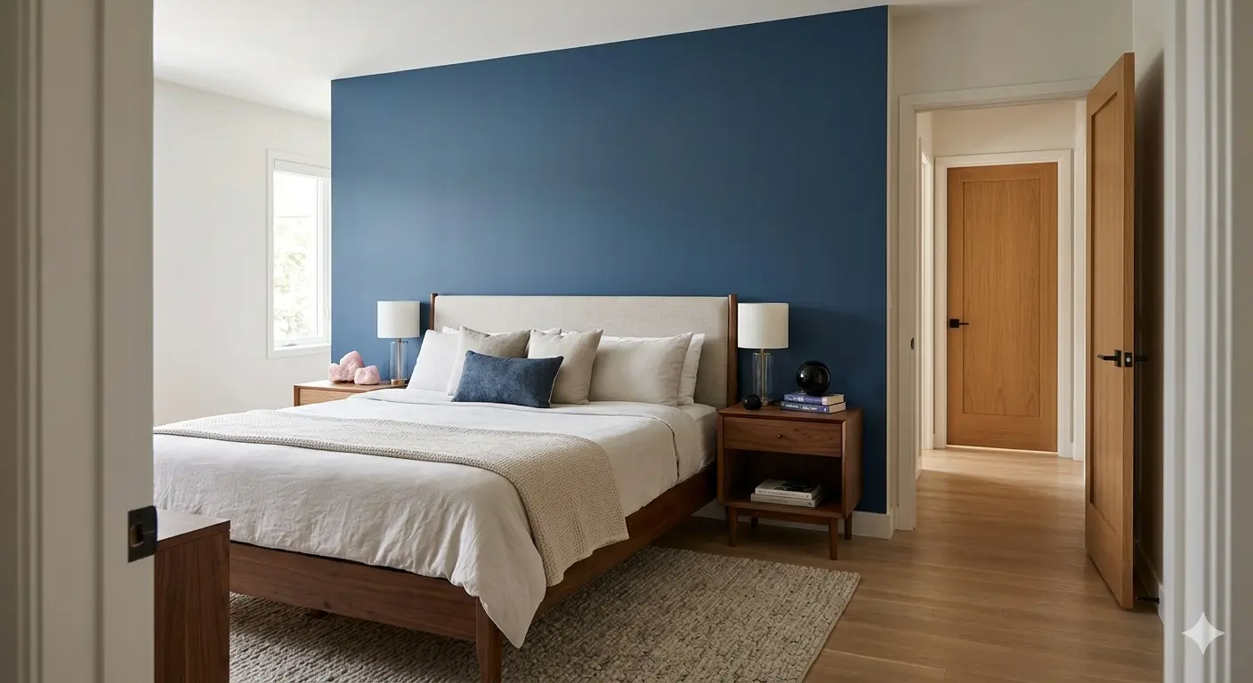 Bedroom layout with the bed in the feng shui command position against a solid blue wall.