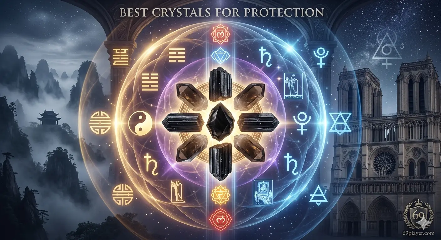 Glowing matrix of protective black stones with Taiji, Bagua and Western astrology symbols.