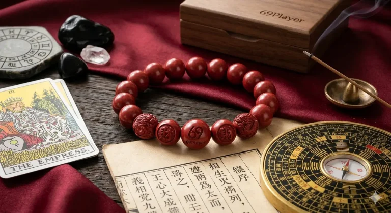 Red cinnabar bracelet styled with a traditional Chinese luo pan compass.