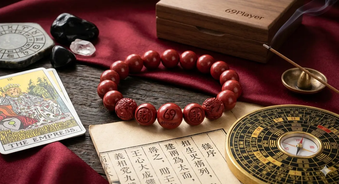 Red cinnabar bracelet styled with a traditional Chinese luo pan compass.