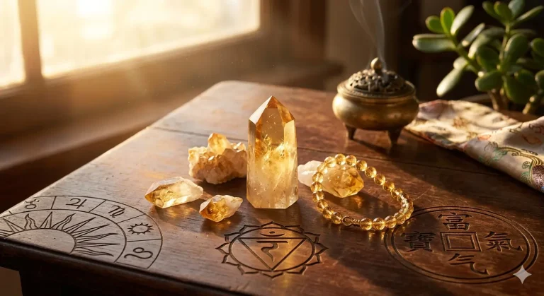 Natural citrine points and a citrine bracelet on a wooden altar.
