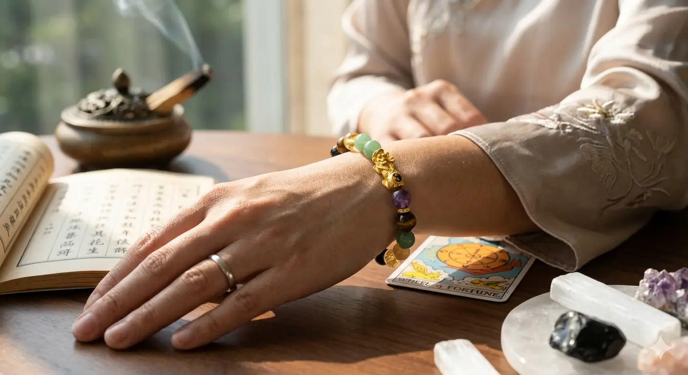 Crystal bracelet with jade, tiger's eye and a gold Pixiu charm, worn on the wrist.
