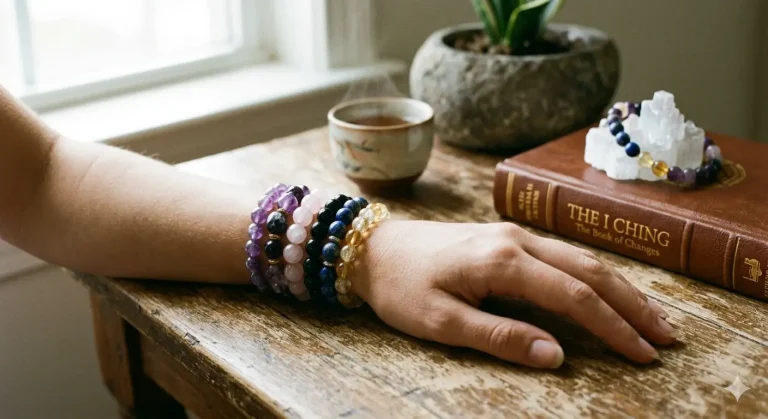 Stack of amethyst, rose quartz and lapis lazuli bracelets worn on the wrist.