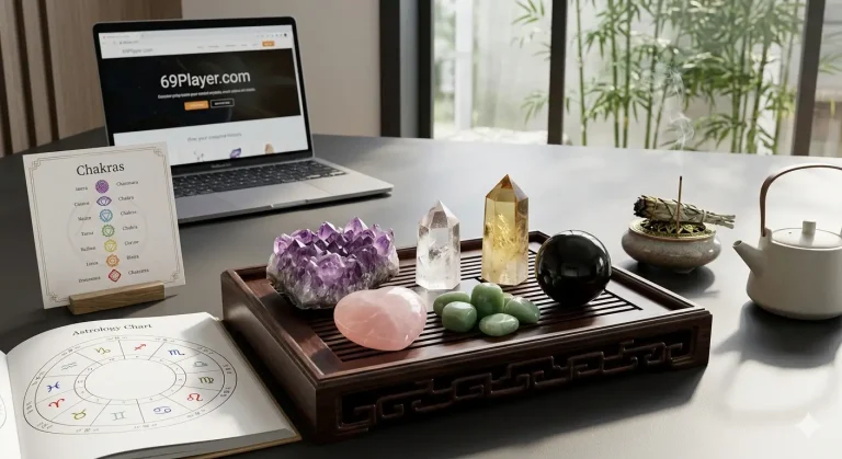 Amethyst, rose quartz and citrine arranged on a Zen wooden tray.
