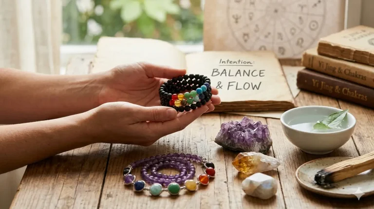 Hands holding a chakra bead bracelet with crystals, palo santo and an open book on a rustic table.