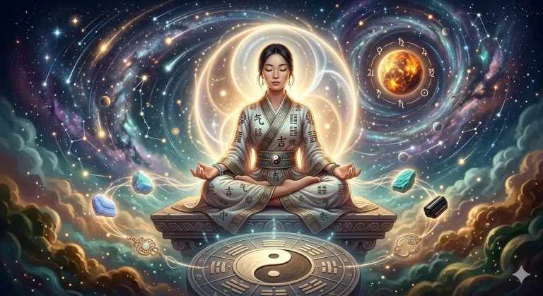 A woman meditating among obsidian and blue lace agate crystals with Yin-Yang symbols.