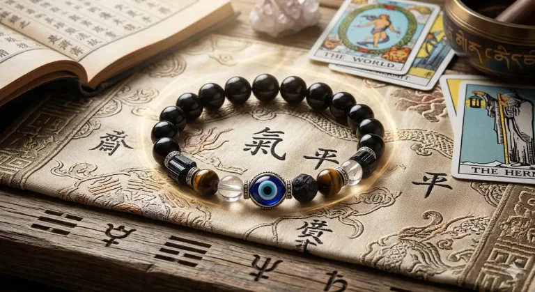 Black obsidian and tiger's eye bracelet with an evil eye charm.