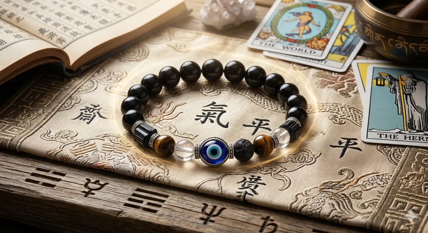 Black obsidian and tiger's eye bracelet with an evil eye charm.