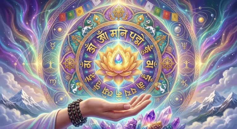 Illustration of the Om Mani Padme Hum mantra with a golden lotus and Himalayan mountains.