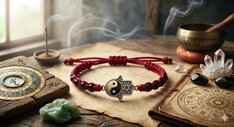 Red string bracelet with a Yin-Yang hamsa charm on an altar with a feng shui compass.