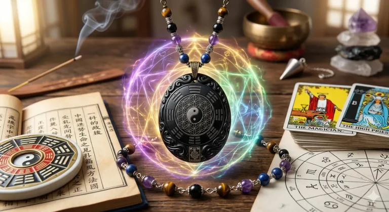 Spiritual protection necklace with Yin-Yang and Bagua symbols in a glowing energy shield.
