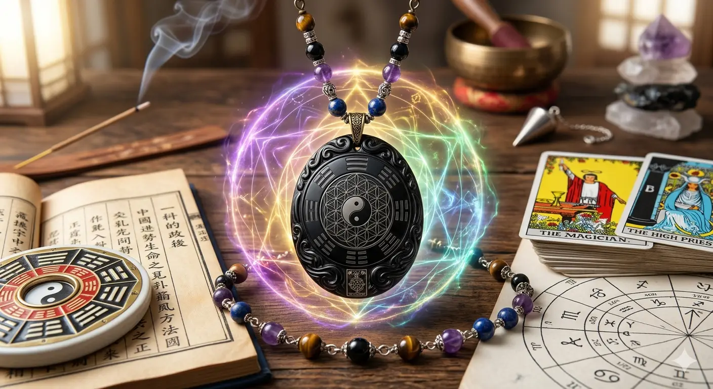 Spiritual protection necklace with Yin-Yang and Bagua symbols in a glowing energy shield.