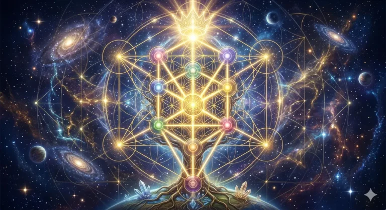 Tree of Life sacred geometry with glowing Sephirot nodes, rooted in Earth crystals under a galaxy.