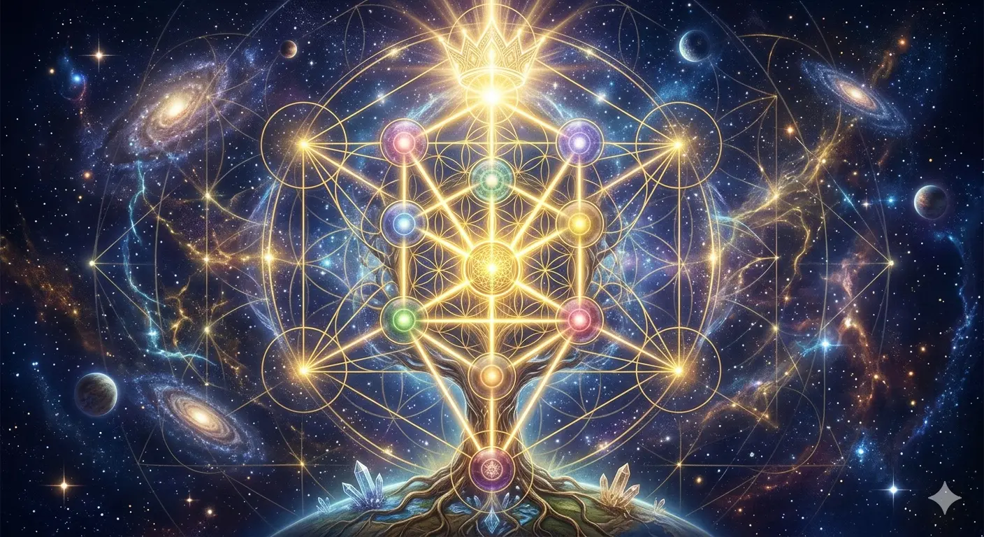 Tree of Life sacred geometry with glowing Sephirot nodes, rooted in Earth crystals under a galaxy.