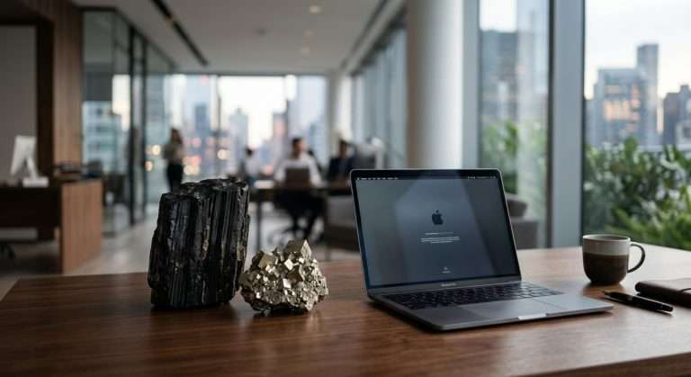 Feng shui crystal placement in a modern home: large mineral specimens and crystals arranged on a wooden desk
