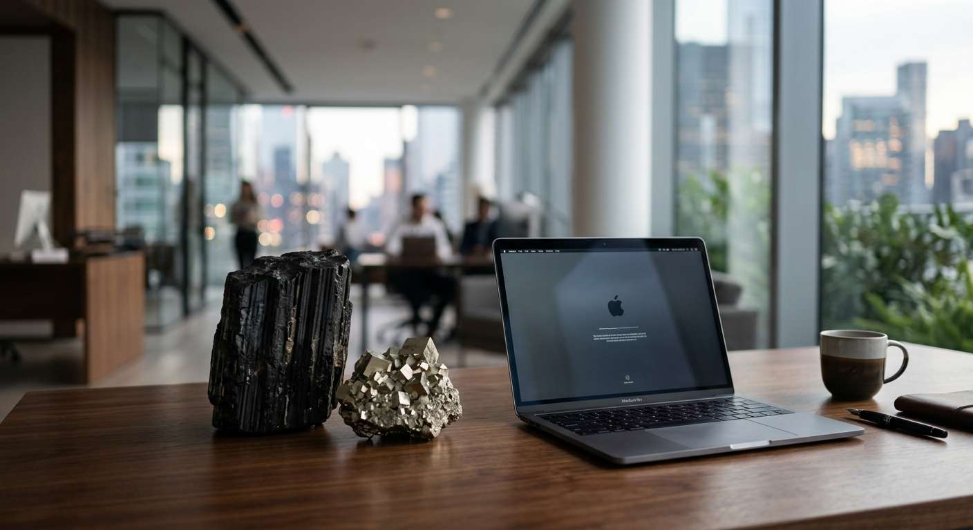 Feng shui crystal placement in a modern home: large mineral specimens and crystals arranged on a wooden desk