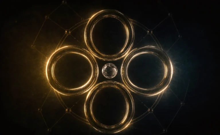 Angel number 000 symbolized as three golden circles of light around a clear quartz crystal sphere