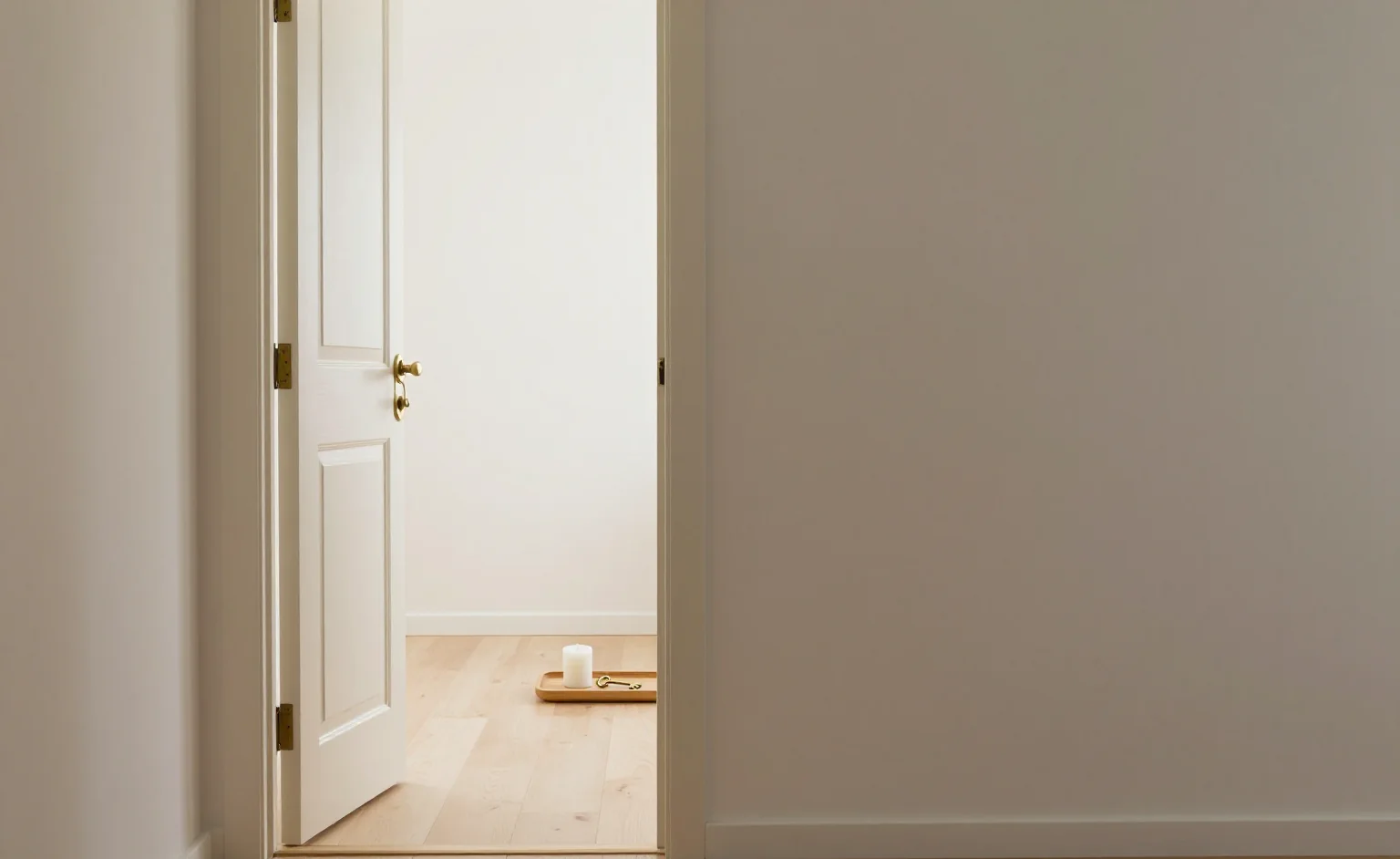 Angel number 1111 staged as a threshold at our studio: an open white door at first light with a brass key and an unlit pillar candle resting on a small wooden tray in the hallway