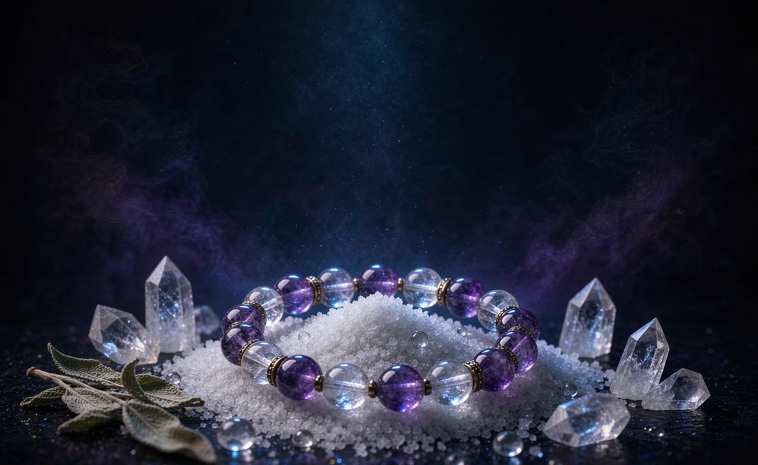Cleansing a crystal bracelet on sea salt under moonlight Amethyst and clear quartz crystal bracelet resting on a mound of white sea salt under moonlight, surrounded by quartz points and dried sage