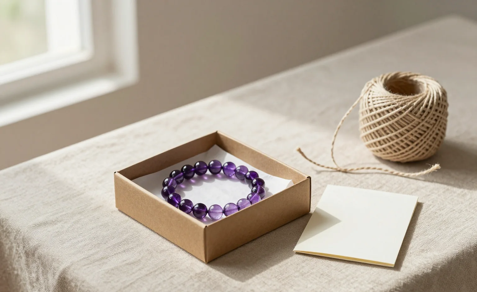 A crystal gift for beginners staged on our studio table: one polished amethyst bead bracelet resting inside an open kraft gift box on linen, with a blank note card and a ball of cotton twine beside it