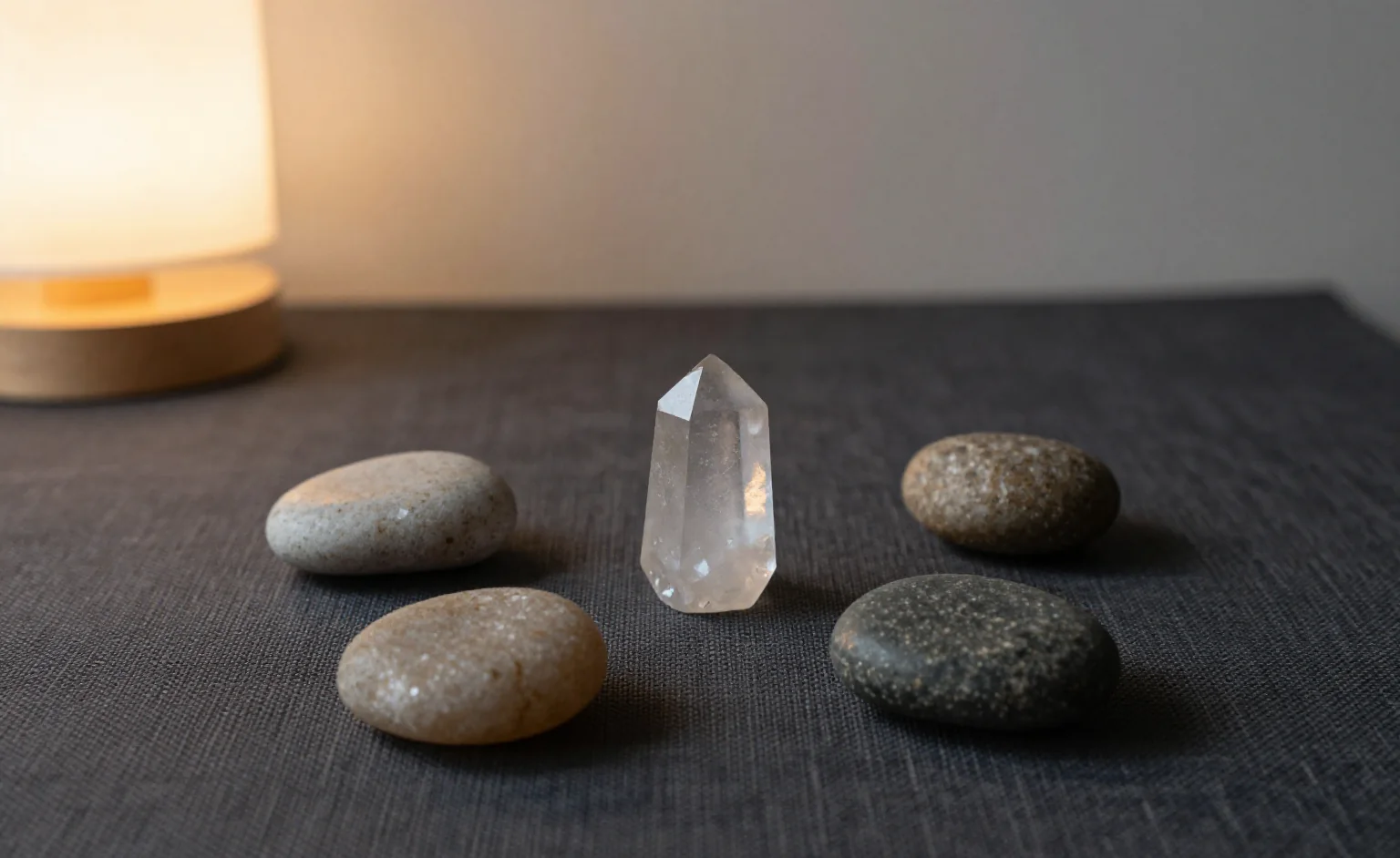 A crystal grid ritual kept small: five polished stones arranged on dark linen, one pale quartz point at the centre and four rounded stones around it, lit by a single warm side lamp
