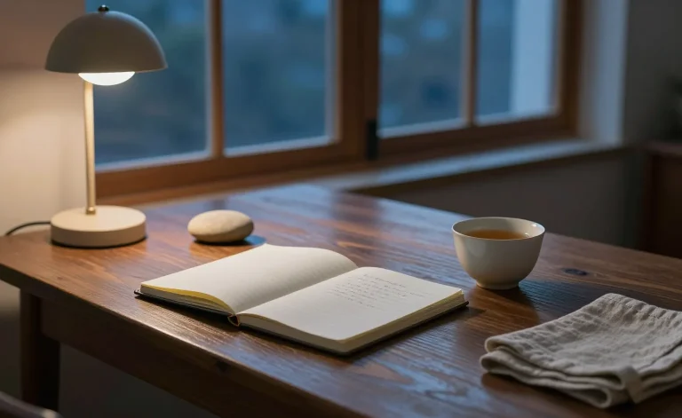 An evening ritual for calm at our studio: a warm lamp over an open notebook, a pale river stone, tea and a folded linen cloth on a dark wooden table at dusk
