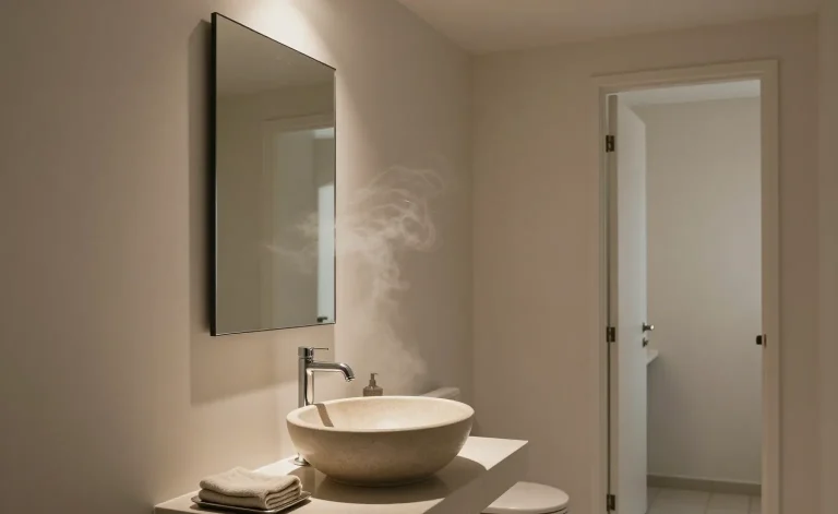 A feng shui bathroom kept dry: warm light over a stone basin, one tray and a folded towel on a clear counter, thin steam clearing at the open door