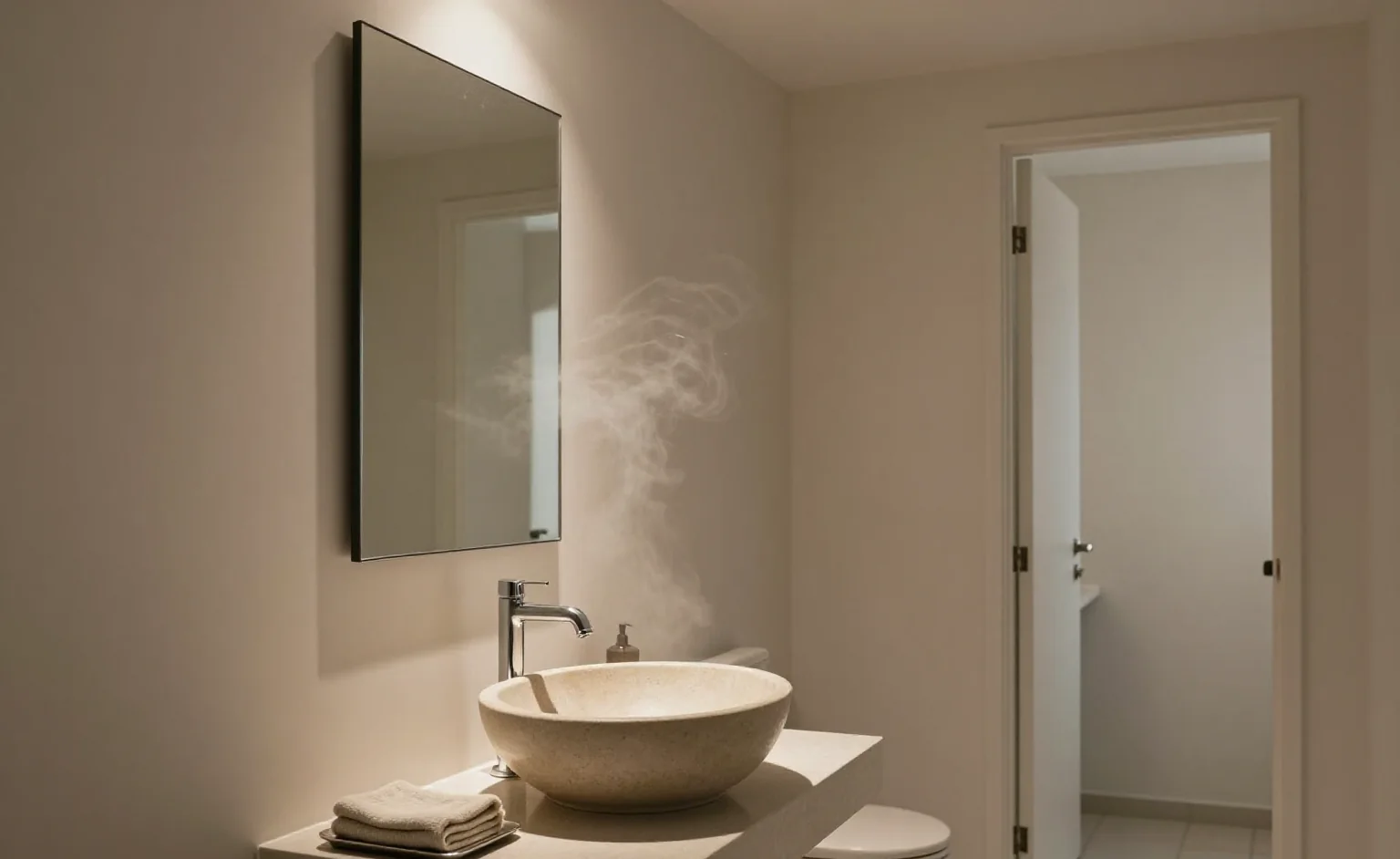 A feng shui bathroom kept dry: warm light over a stone basin, one tray and a folded towel on a clear counter, thin steam clearing at the open door