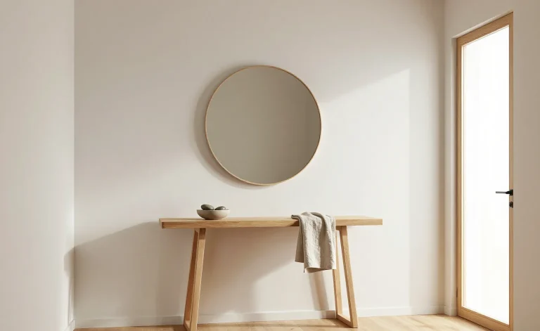 Feng shui entryway: a round mirror, a light oak console and a bowl of stones in a minimalist hall, morning light at the door.