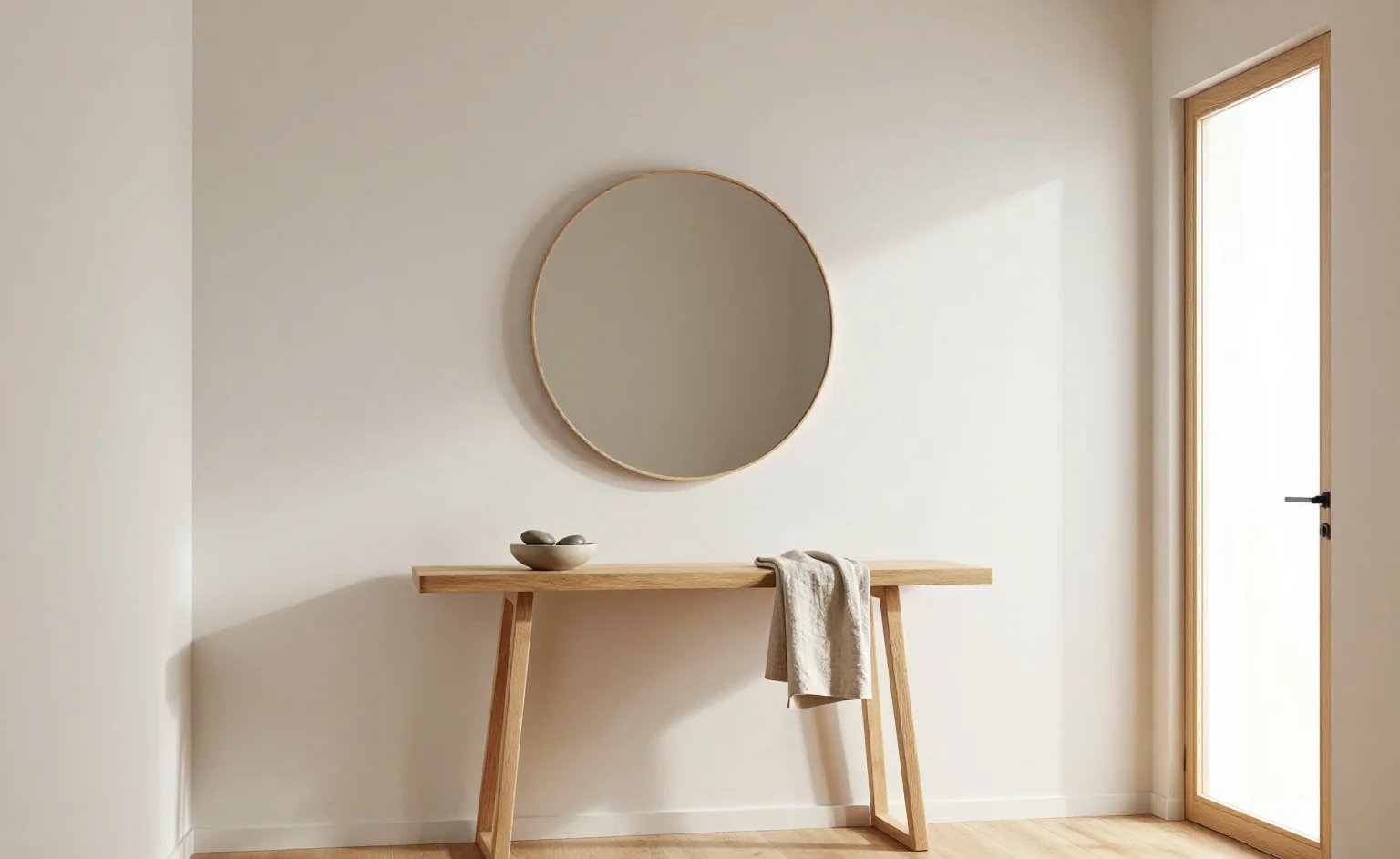 Feng shui entryway at a front door: a minimalist hall with a round mirror, a light oak console, a bowl of stones and morning light from the doorway