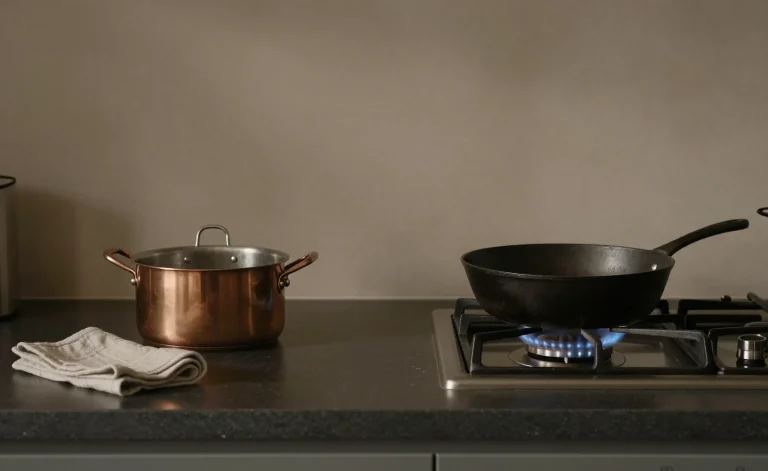 A feng shui kitchen counter at dusk: a copper pot of water and a folded cloth on the left, a lit gas hob with a cast-iron pan on the right, and clear dark worktop between them