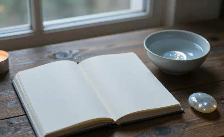A full moon ritual set out on a dark table: a smooth moonstone palm stone on pale linen beside an open notebook and a shallow ceramic bowl of water in cool silver moonlight