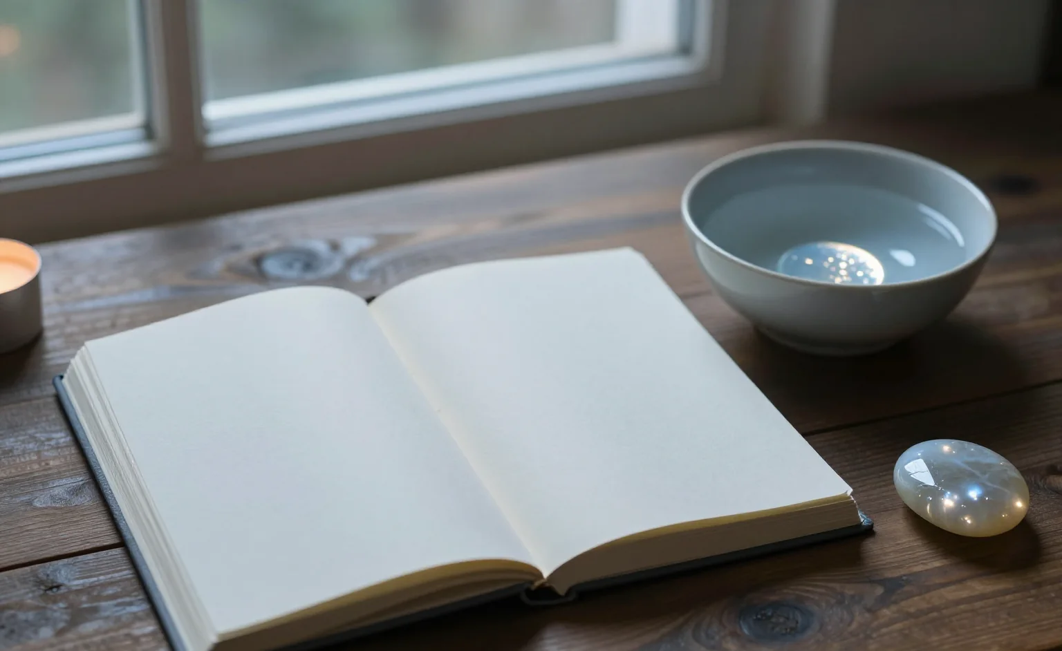 A full moon ritual set out on a dark table: a smooth moonstone palm stone on pale linen beside an open notebook and a shallow ceramic bowl of water in cool silver moonlight