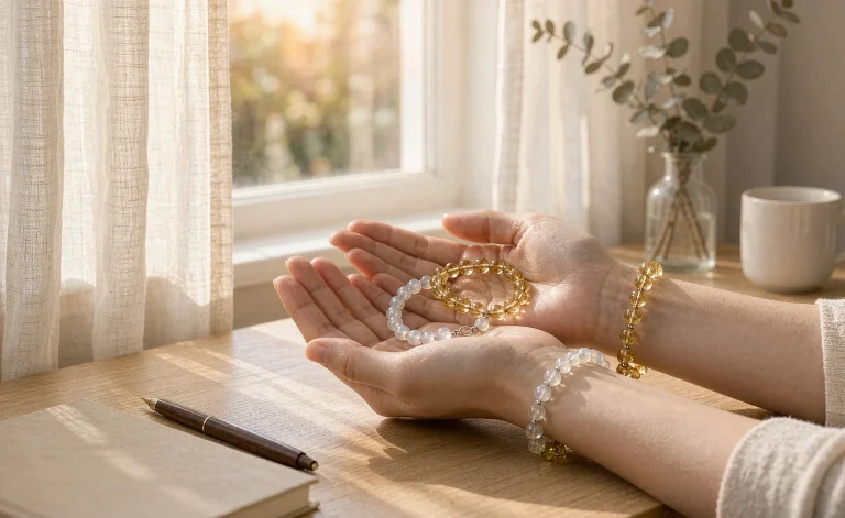 Yin and yang balance across a full day: moonstone and citrine crystal bracelets held in open hands