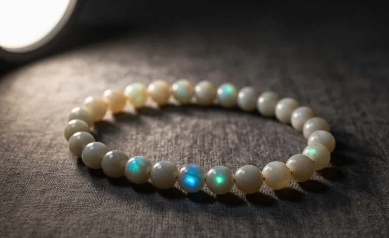 Labradorite meaning and benefits shown at our bench: a strand of pale grey labradorite beads on dark linen with a single warm lamp crossing them, a few beads flashing blue-green while the rest stay flat grey