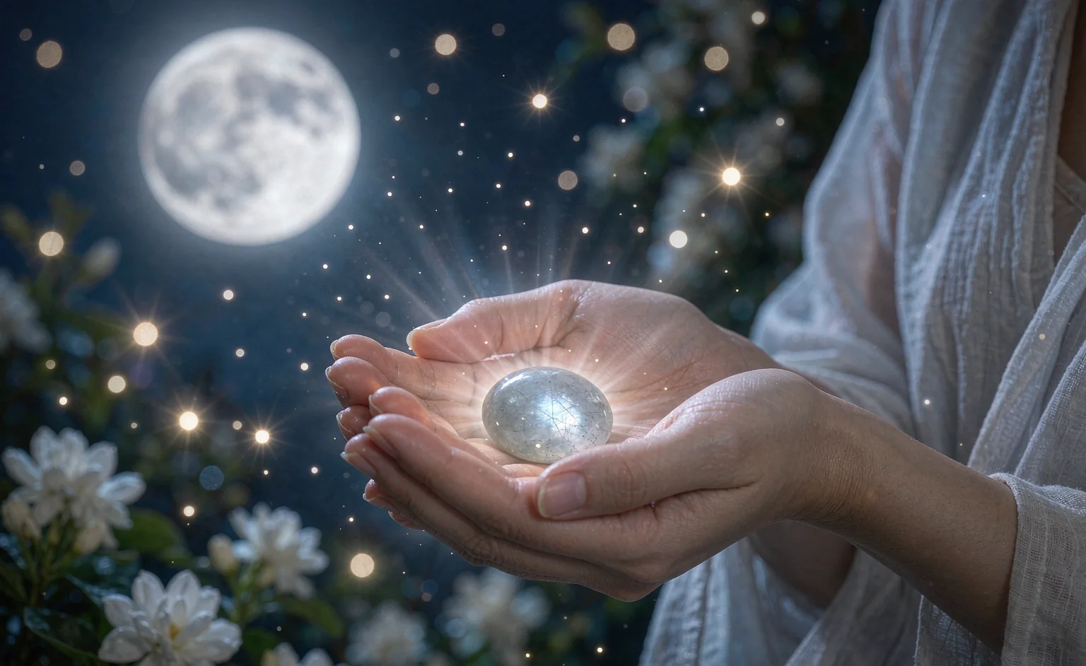 Moonstone for new beginnings and how to cleanse moonstone: hands holding a rainbow moonstone palm stone toward a full moon