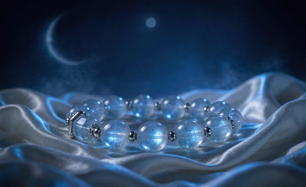 White moonstone crystal bracelet resting on silk in moonlight