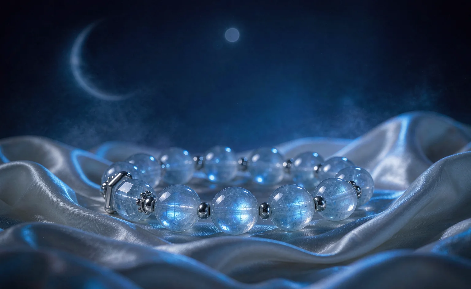 Moonstone meaning and benefits: a glowing moonstone crystal bracelet with milky blue adularescence resting on white silk under moonlight