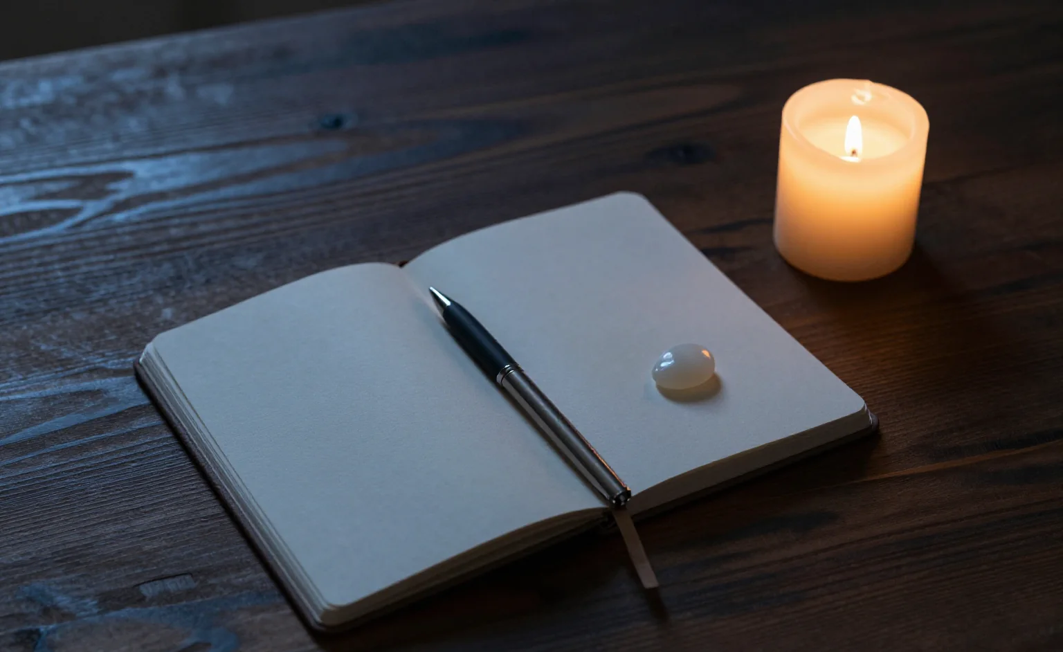 A new moon intention ritual laid out on a dark table: an open notebook with a pen across it, one pale moonstone on the page and a single lit candle